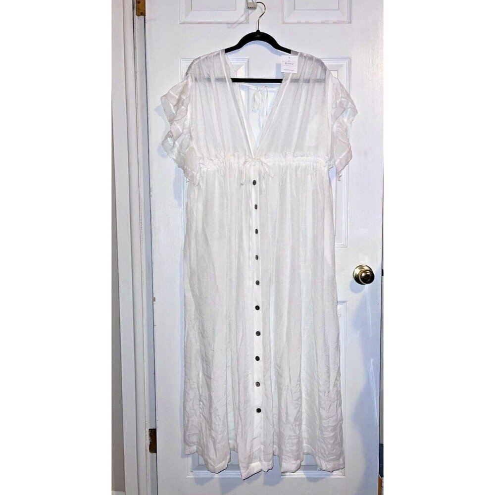 NWT BOHO BEACH HUT White Flowy Long Maxi Gauze Boho Beach CoverUp Dress Pockets
